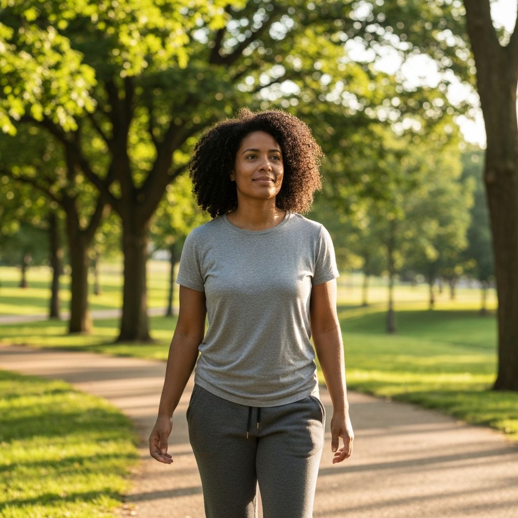A person taking a calm walk outdoors through a park with soft natural lighting
