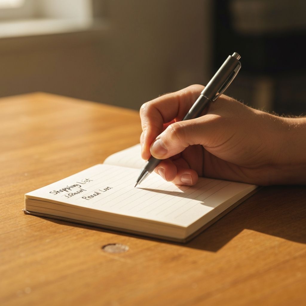 Hands writing a shopping list on paper with pen at a kitchen table